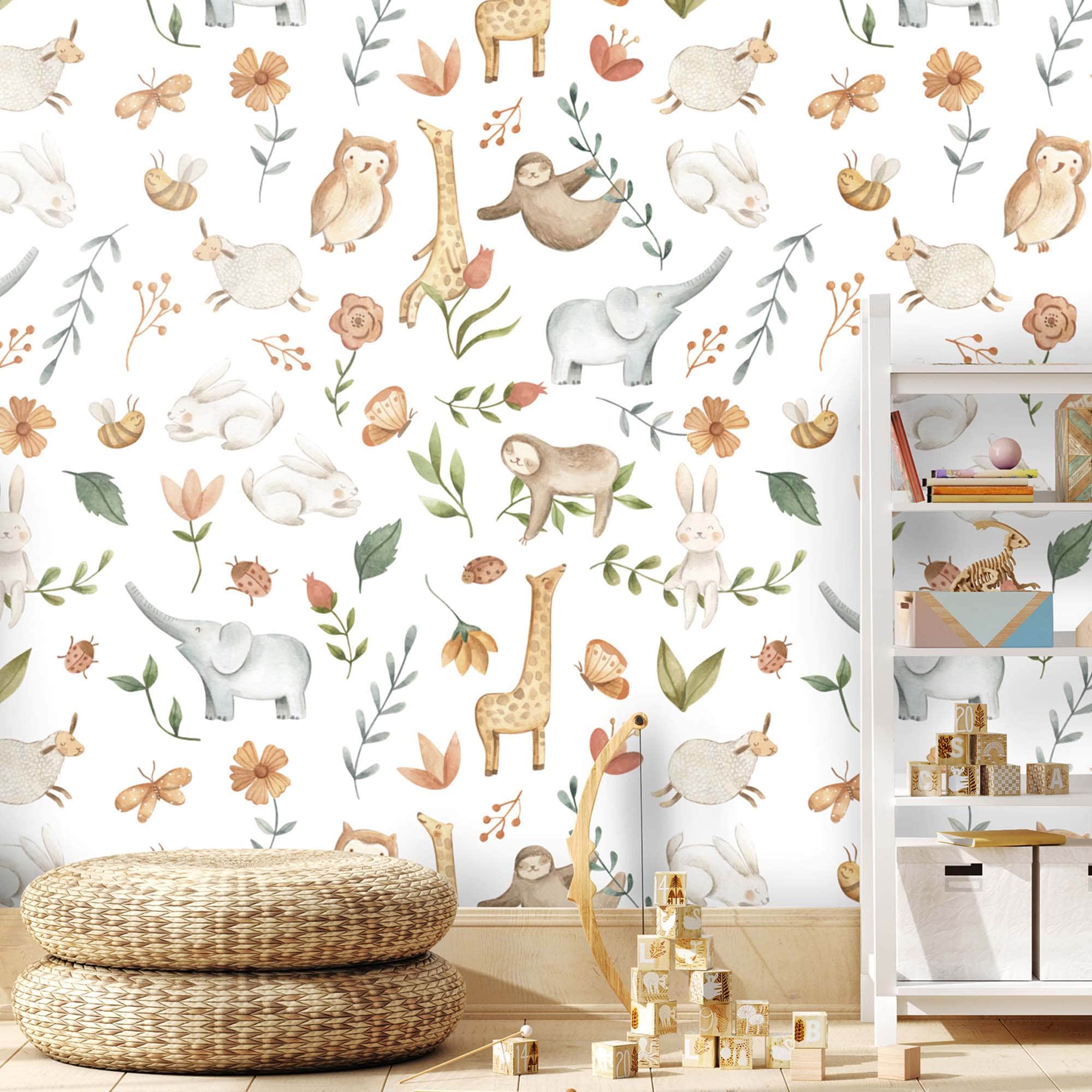Baby Animals Wallpaper / Nursery Wall Mural / Giraffe, Elephant, Owl,  Sheep, Rabbit, Lady Bug - Etsy, image size:2000x2000