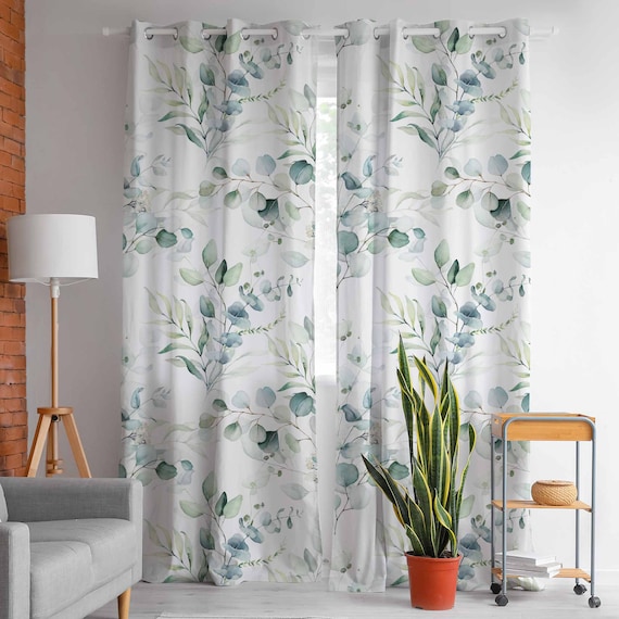 Floral curtains / romantic style / botanical pattern / watercolor curtains / green leaves