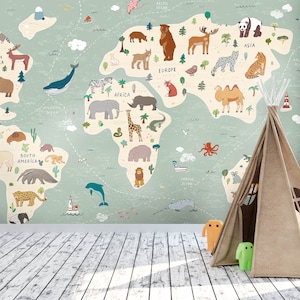 Weltkarte Wandbild / Kindertapete / Tiere auf der ganzen Welt / handgezeichnete Illustrationen