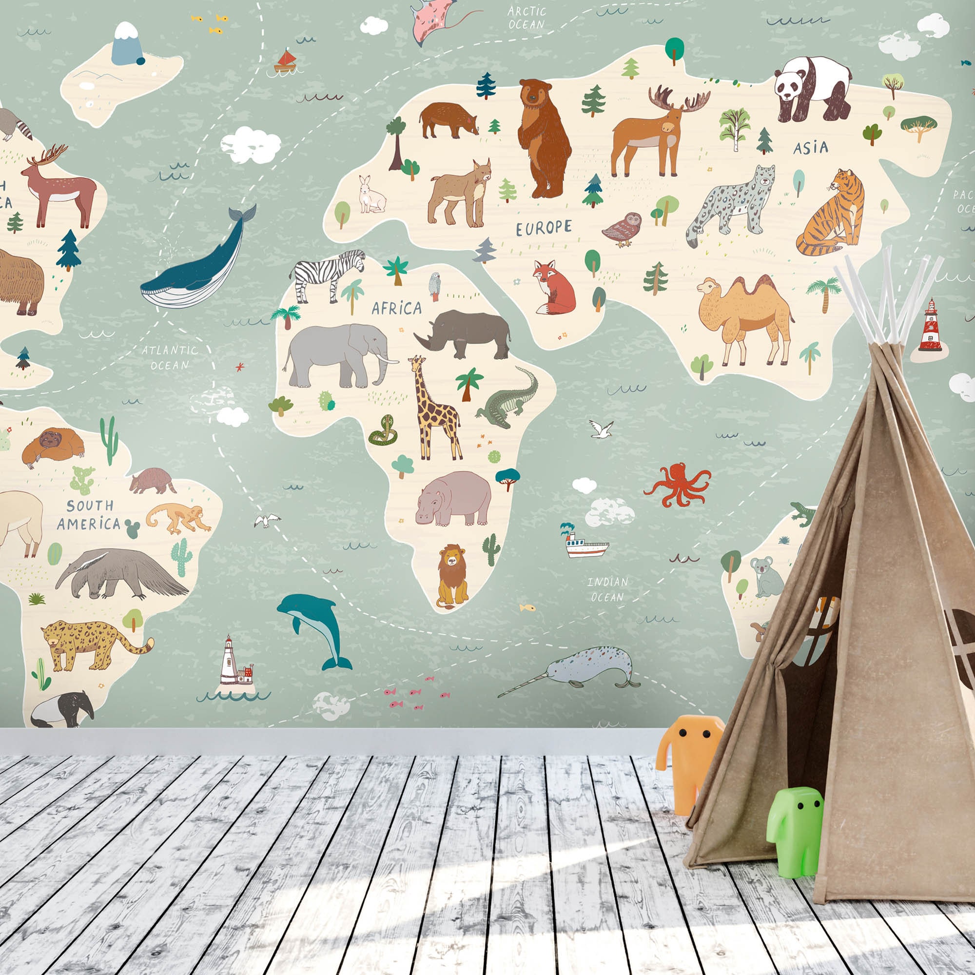 World Map Wall Mural Childrens Wallpaper Animals Around The World