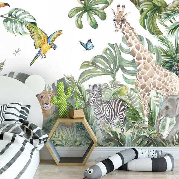 Watercolor jungle wall mural / childrens wallpaper / nursery | Etsy
