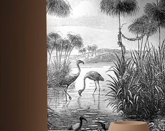 B&W Tropical wall mural / black and white illustration / flamingo birds / vintage style