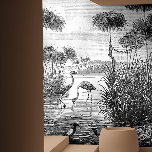 B&W Tropical wall mural / black and white illustration / flamingo birds / vintage style