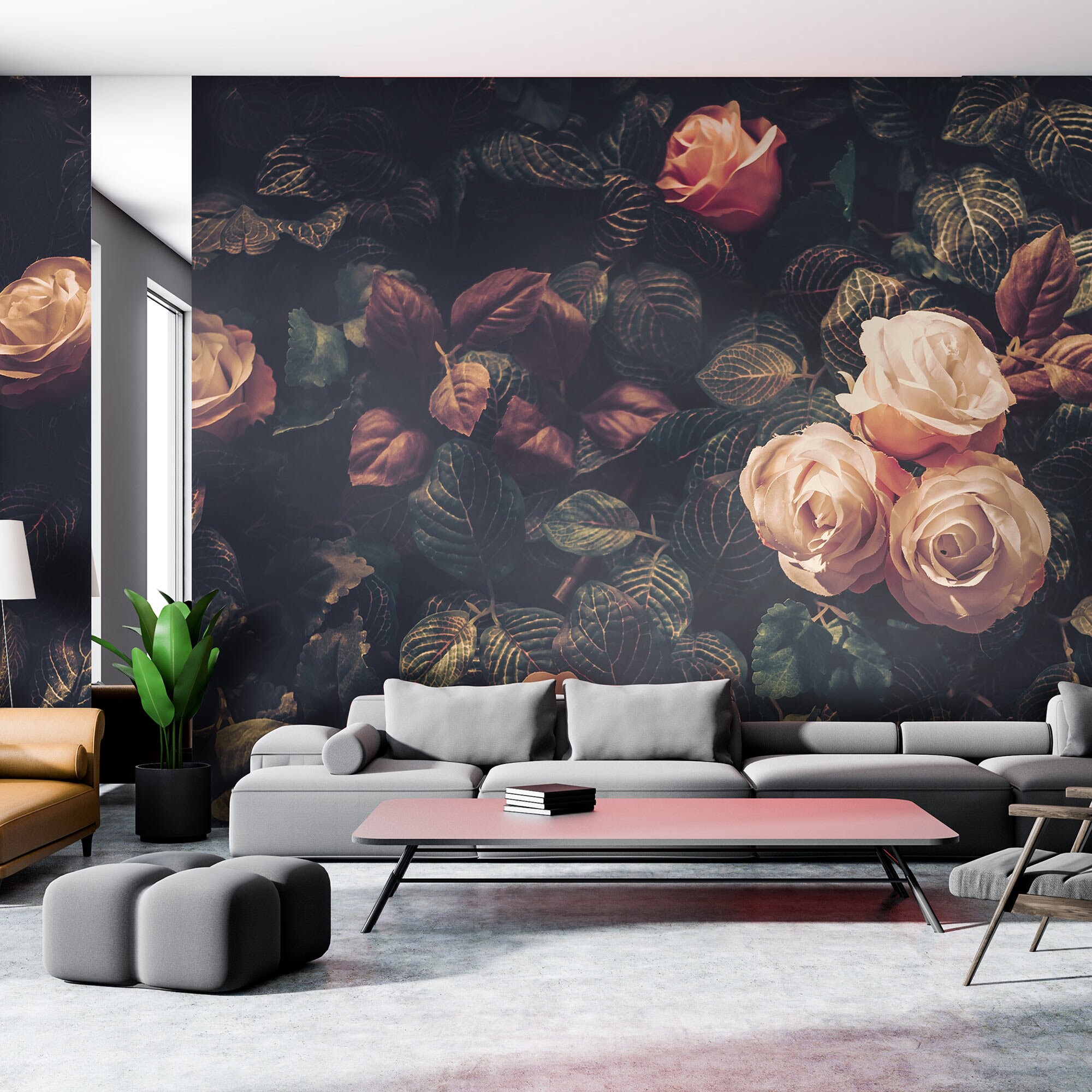 Vintage Roses Wall Mural / Dark Floral Design / Pink Flowers / Charming ...