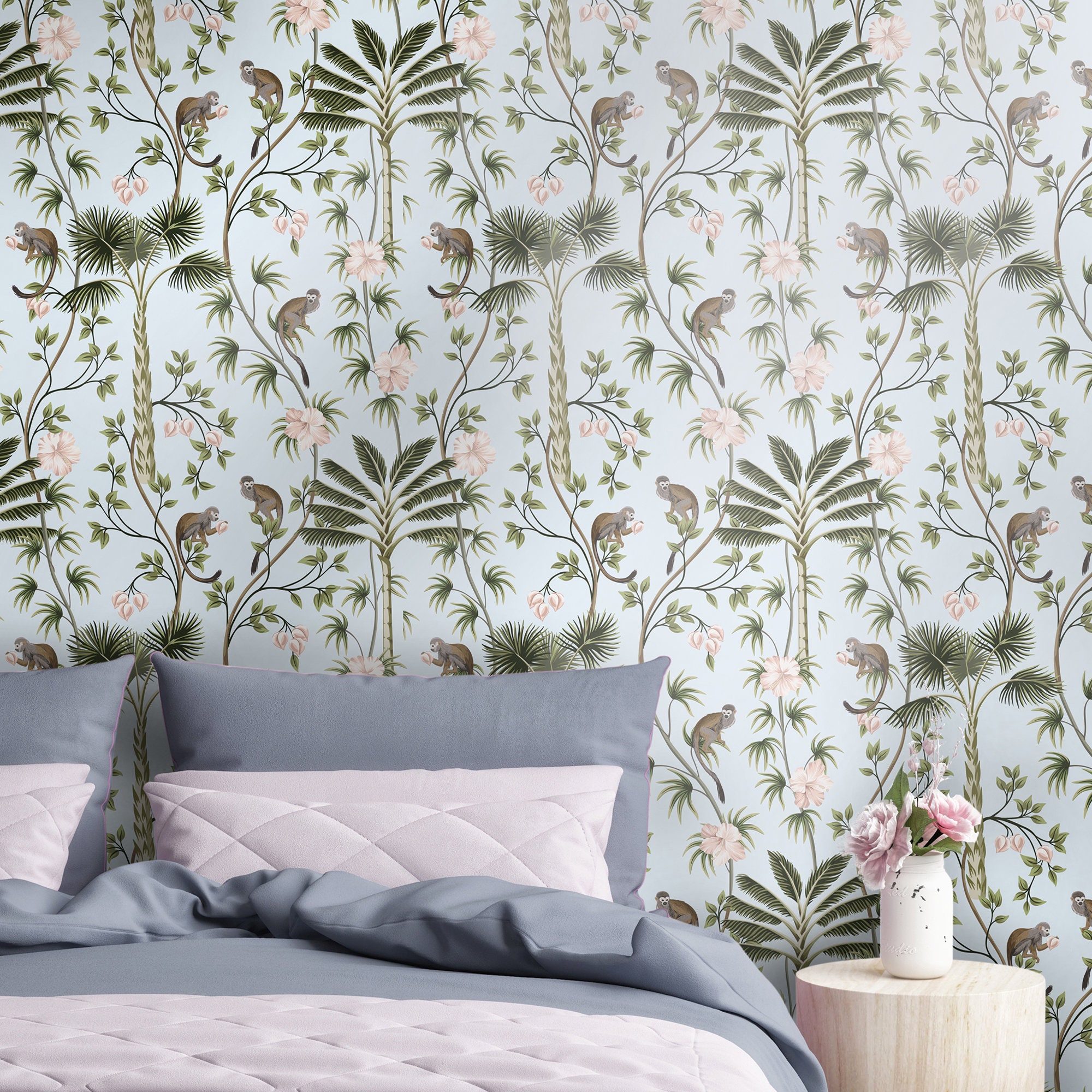 Papier Peint Jungle/Imprimé Tropical Singes Fleurs D'hibiscus Feuilles De Palmier Style Vintage