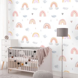 Papier peint arcs-en-ciel / papier peint pour chambre de bébé / style scandinave / nuages et cœurs / chambre de fille