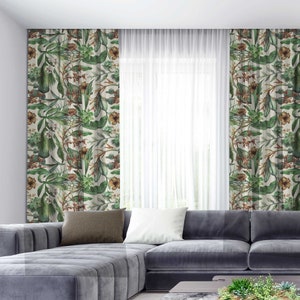 Tropical curtains / botanical pattern / flowers and leaves / vintage design / boho style