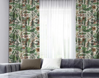 Cortinas tropicales / patrón botánico / flores y hojas / diseño vintage / estilo boho