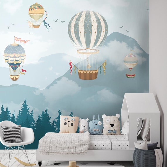 Simple Modern Mountains With Hot Balloons Nursery Wallpaper Wall