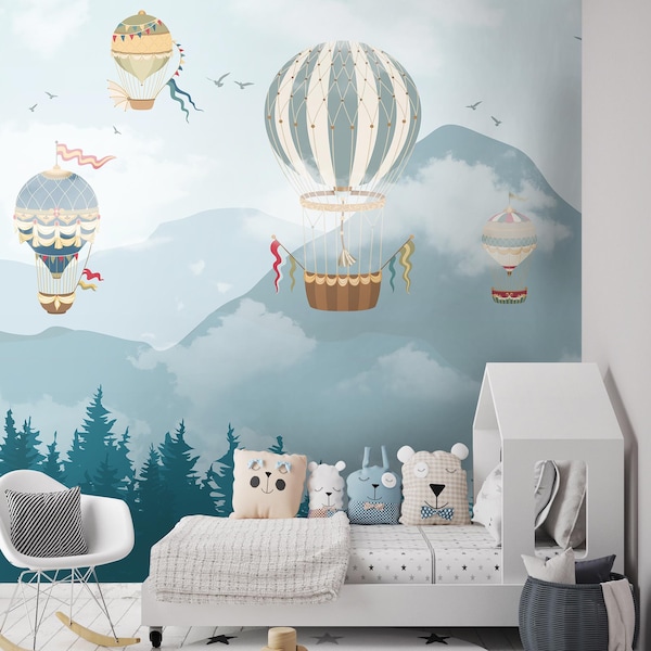 Hot air balloon wall mural / children’s wallpaper / mountains with forest / boy room idea