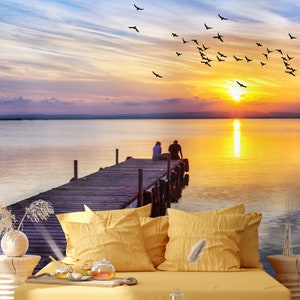 Fotomurale del molo al tramonto / splendida vista sul lago / godersi il tramonto / carta da parati con vista sull'oceano
