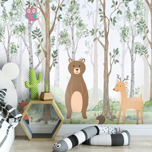 Murale di animali del bosco / illustrazione ad acquerello / carta da parati per bambini