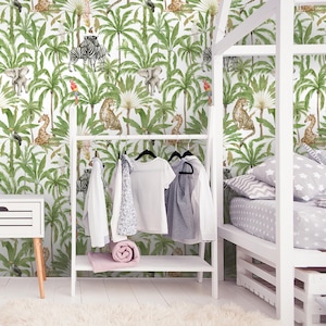 Jungle wallpaper / kid’s bedroom / African animals / giraffe, zebra, leopard, elephant, parrot / palm tree print
