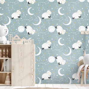 Carta da parati per pecore / luna e stelle / carta da parati per bambini / illustrazioni per bambini