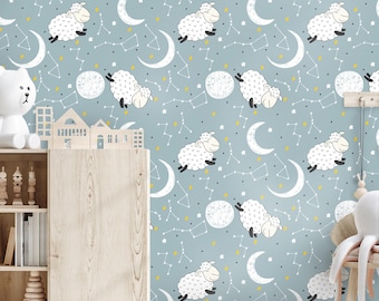 Sheep wallpaper / moon and stars / nursery wallpaper / children’s illustrations