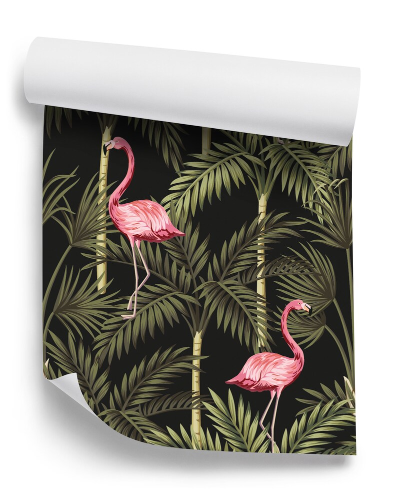 May include: A seamless pattern featuring pink flamingos standing in lush green palm trees against a black background.