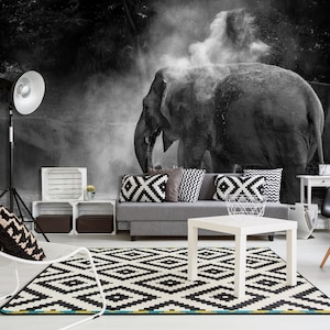 May include: Black and white photo of an elephant kicking up dust in a jungle setting. The elephant is in the foreground and the jungle is in the background. The photo is printed on a wall behind a gray couch with black and white patterned pillows.