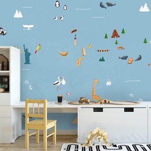 Murale autour du monde / monuments célèbres / papier peint pour enfants / animaux sauvages