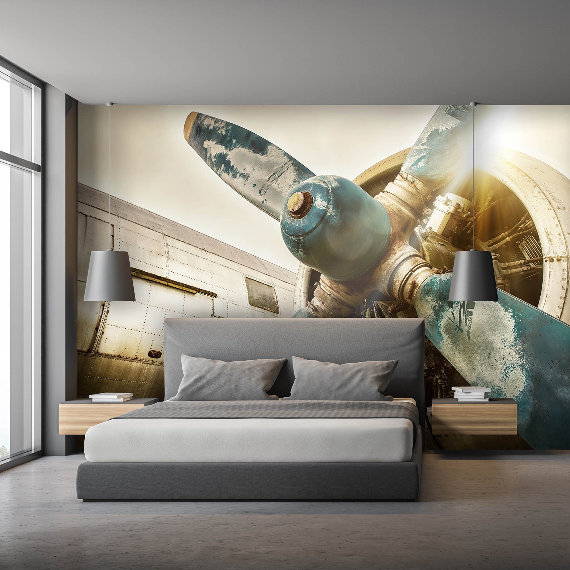 Vintage airplane wall mural / retro style / aircraft wallpaper/ cockpit close-up