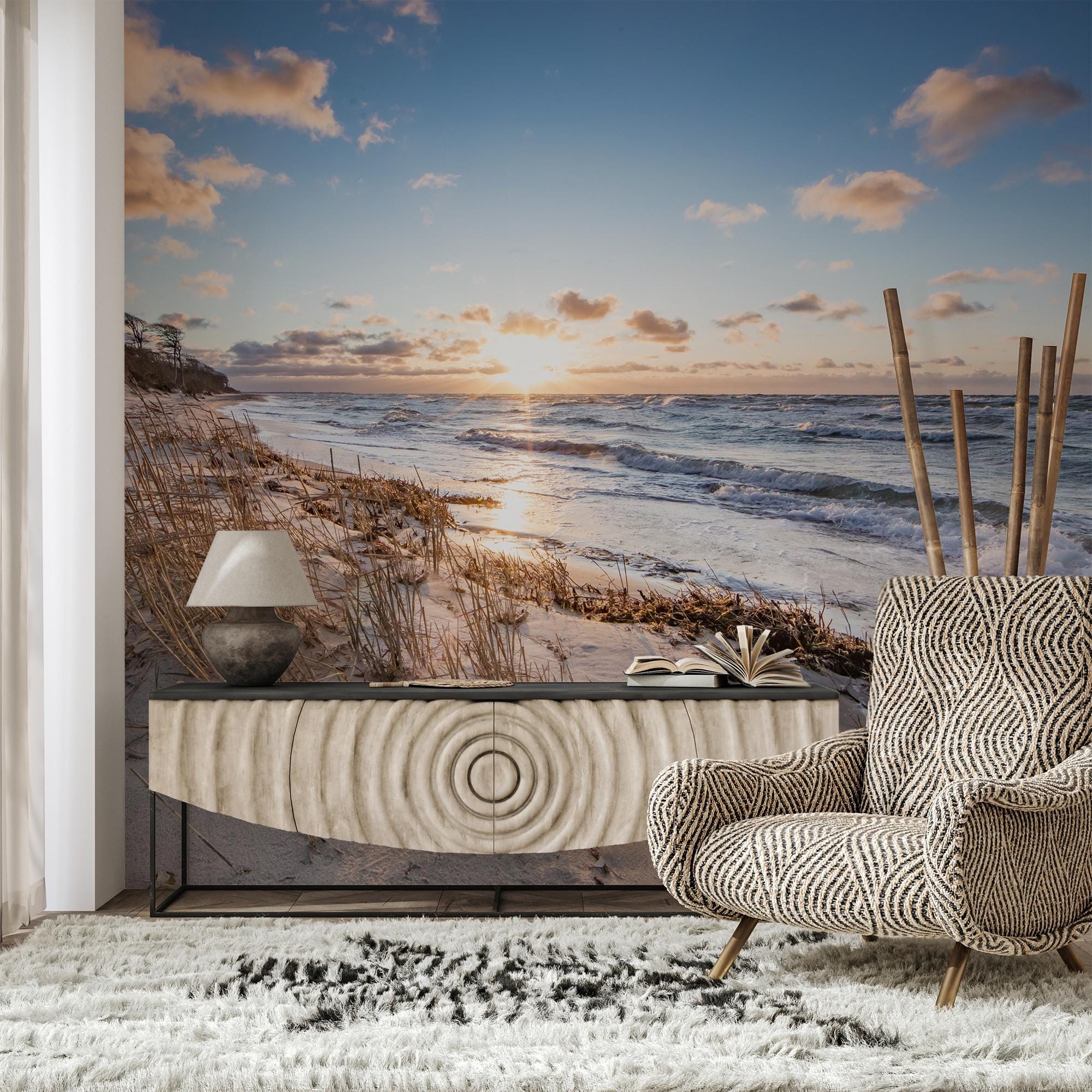 Beach at sunset Wall Mural / golden light / warm tones / Scandinavian-style interiors
