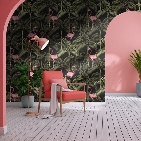 Flamingo wallpaper / palm trees / vintage style / jungle print / exotic