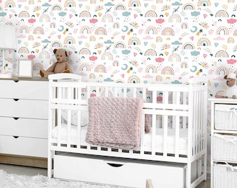 Wallpaper with rainbow and sun/ cheerful design/ clouds and hearts