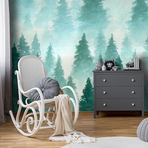 Watercolor pine forest wall mural / children’s bedroom / morning fog / misty mountains