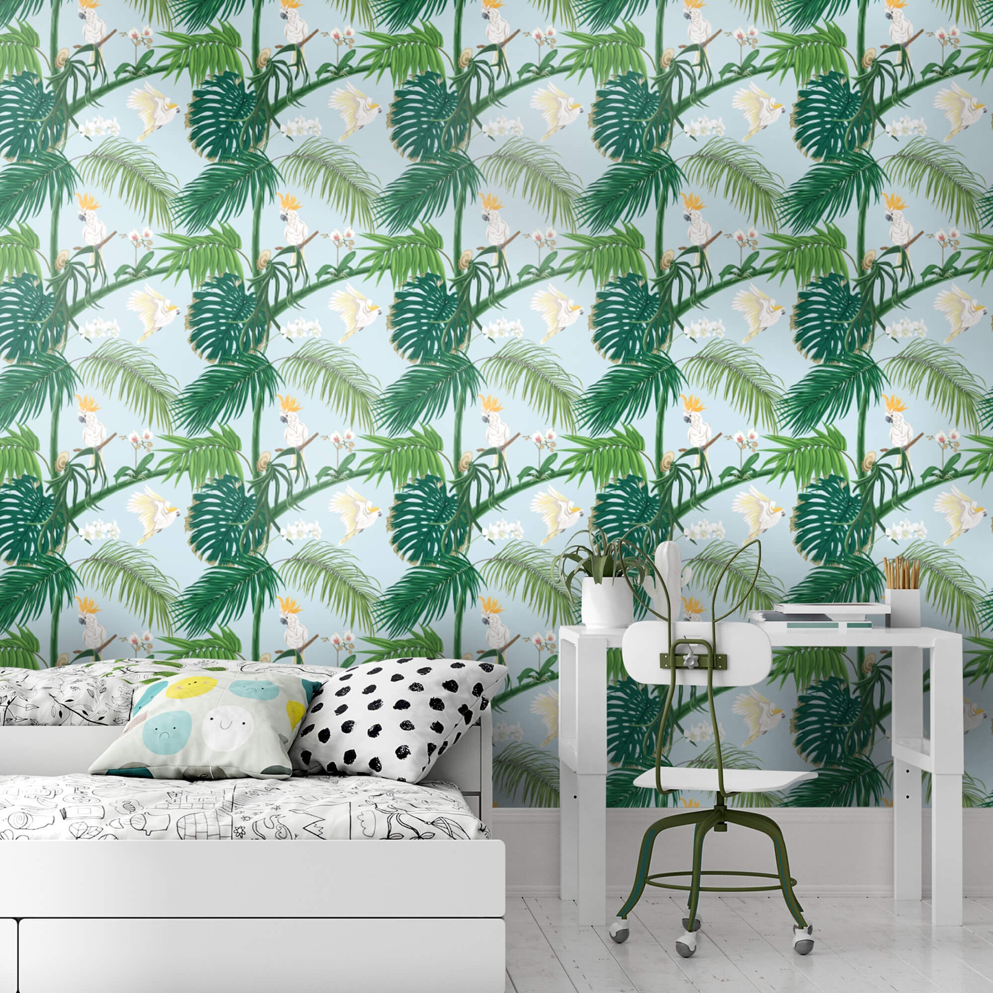 Papier Peint Jungle/Oiseaux Et Fleurs Tropicaux Feuilles De Palmier Illustration Exotique
