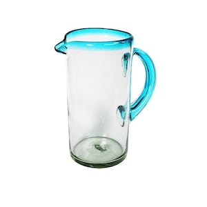 MG030 - 100oz Straight Pitcher, Aqua Rim - Hand Blown Recycled Glass From Mexico