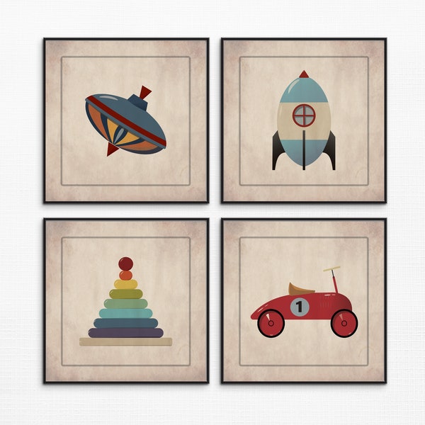 Set of 4 Vintage Classic Toys Wall Art | Nursery Decor | Childhood Favorite Toys printable | Baby Shower Birthday Gift| Boys Room Kids Room