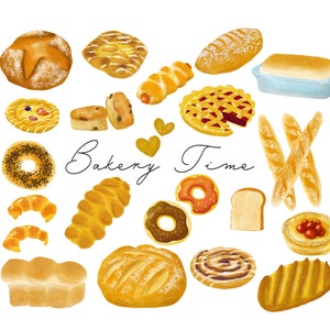 Könnte beinhalten: Eine bunte Auswahl an Backwaren, darunter Brote, Gebäck und Donuts, mit dem Text "Bakery Time" in der Mitte des Bildes.