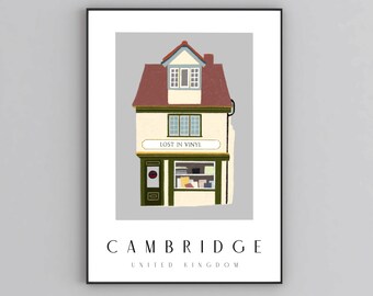 Cambridge Vinyl Shop Artwork, English Storefront Illustration, British Art, UK Architectures, English Houses, Nursery Art, Digital Downalod