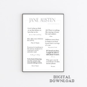Könnte beinhalten: Ein schwarz-weißer druckbarer digitaler Download mit Zitaten von Jane Austen. Die Zitate stammen aus ihren Romanen Sinn und Sinnlichkeit, Stolz und Vorurteil, Northanger Abbey, Emma und Mansfield Park.