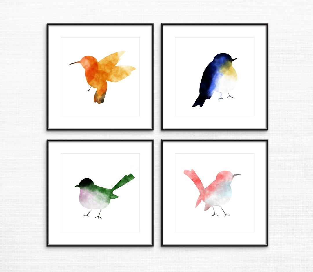 Set of 4 Watercolor Bird Wall Art Colorful Home Decor Spring Art Prints