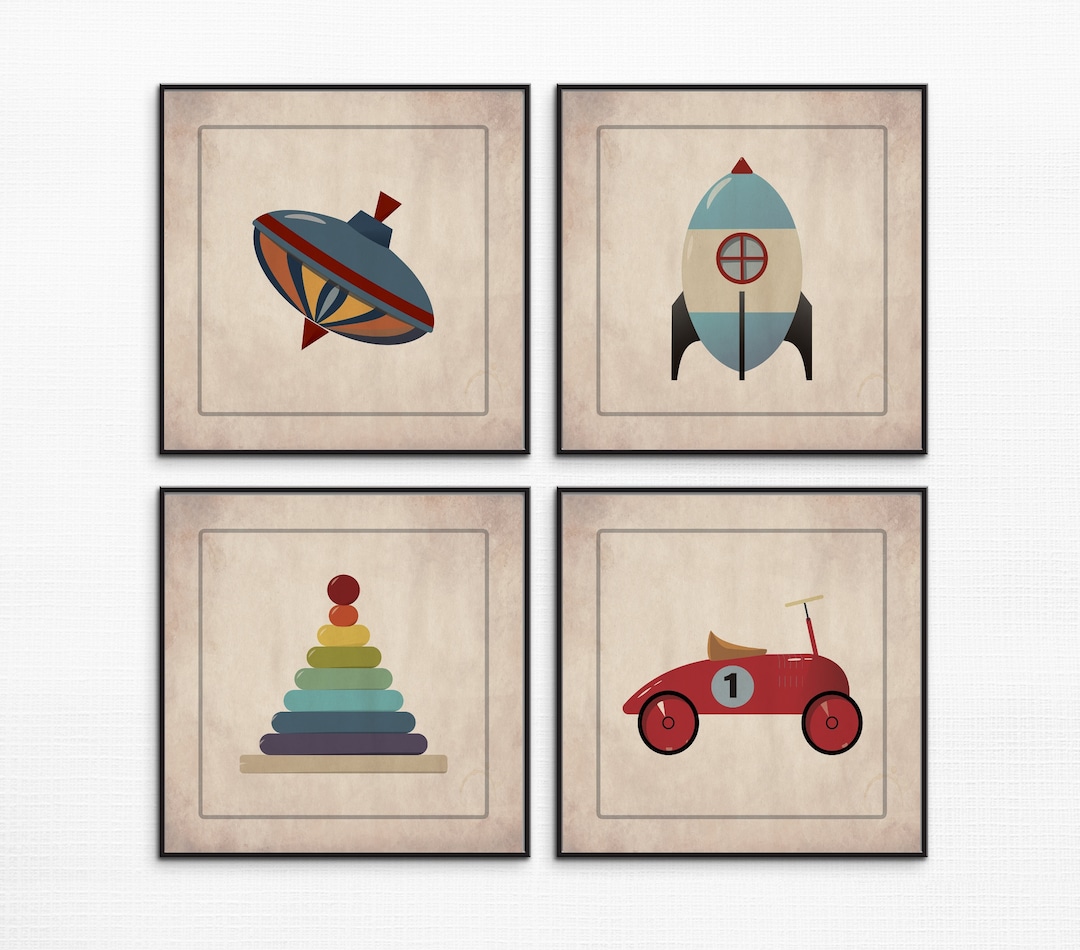 Set of 4 Vintage Classic Toys Wall Art | Nursery Decor | Childhood ...