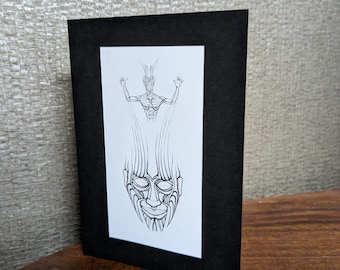 Gothic horror card, mental struggle card, macabre design card, heavymetal art card, mind imp card, devil art card, muscular face drawing,