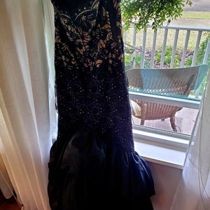 black lace over silk bejeweled with rhinestones and gold beads strapless mermaid gown sz 6-8