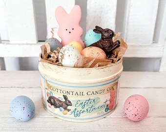 Easter Candy Vintage Style Mini Tin, Cottontail Candy Co, Chocolate Bunny, Peeps, Speckled Chocolate Eggs, Faux Easter Candy