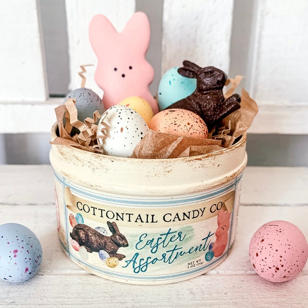 Mini-Dose für Ostersüßigkeiten im Vintage-Stil, Cottontail Candy Co, Schokoladenhase, Peeps, gesprenkelte Schokoladeneier, künstliche Ostersüßigkeiten