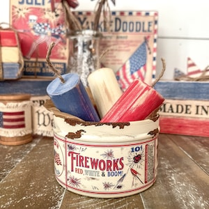 Vintage Inspired Fireworks Tin with Red White and Blue Wood Fireworks, Vintage Americana Decor, Patriotic Tiered Tray, Fourth of July Decor image 1