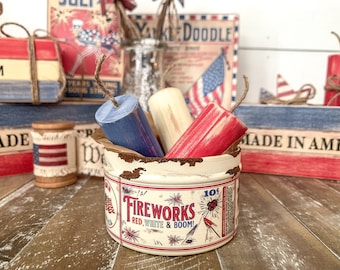 Vintage Inspired Fireworks Tin with Red White and Blue Wood Fireworks, Vintage Americana Decor, Patriotic Tiered Tray, Fourth of July Decor