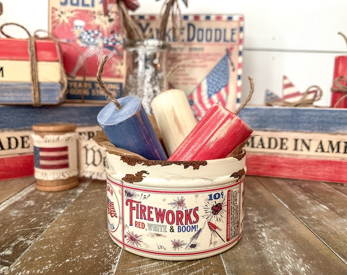 Vintage Inspired Fireworks Tin With Red White and Blue Wood Fireworks