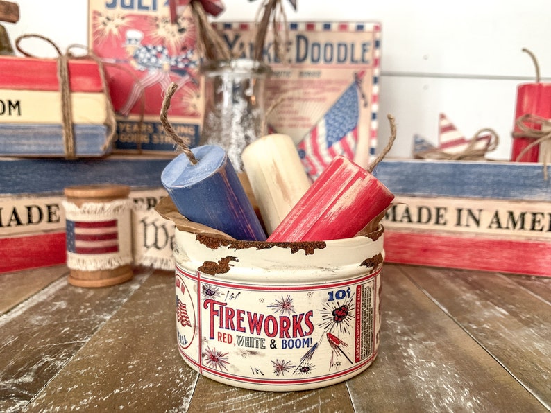 Vintage Inspired Fireworks Tin with Red White and Blue Wood Fireworks, Vintage Americana Decor, Patriotic Tiered Tray, Fourth of July Decor image 1