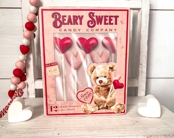 Valentines Day Wooden Heart-shaped Lollipops Box, Beary Sweet Candy Company, Teddy Bear, Vintage Valentine