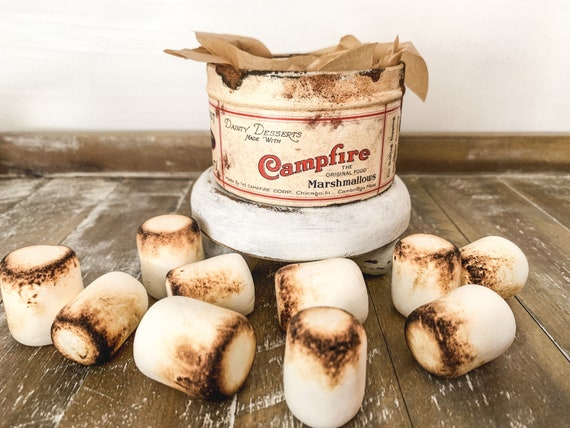 Mini Campfire Marshmallows Tin with Faux Marshmallows, Vintage Reproduction, S’mores Tiered Tray, Faux Food Decor