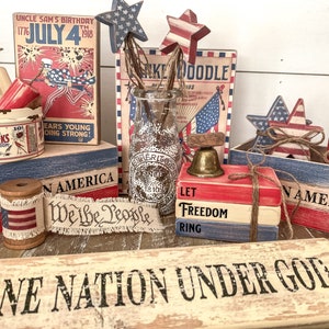 Vintage Inspired Fireworks Tin with Red White and Blue Wood Fireworks, Vintage Americana Decor, Patriotic Tiered Tray, Fourth of July Decor image 2