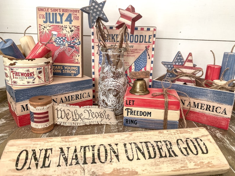 Vintage Inspired Fireworks Tin with Red White and Blue Wood Fireworks, Vintage Americana Decor, Patriotic Tiered Tray, Fourth of July Decor image 2