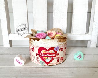Mini Sweethearts Vintage-inspired Tin, Candy Hearts, Conversation Hearts, Valentines Tiered Tray Decor