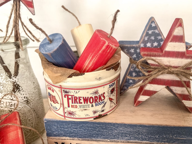 Vintage Inspired Fireworks Tin with Red White and Blue Wood Fireworks, Vintage Americana Decor, Patriotic Tiered Tray, Fourth of July Decor image 8