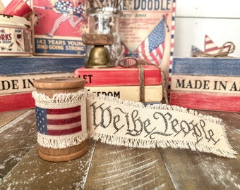 We The People Ribbon Spool, Stars and Stripes, Vintage Americana Decor, Patriotic Tiered Tray, Fourth of July Decor